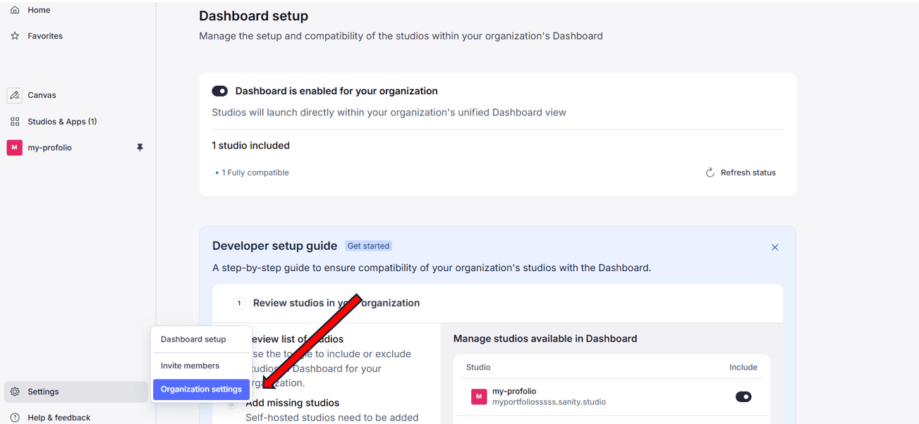Sanity Dashboard Settings
