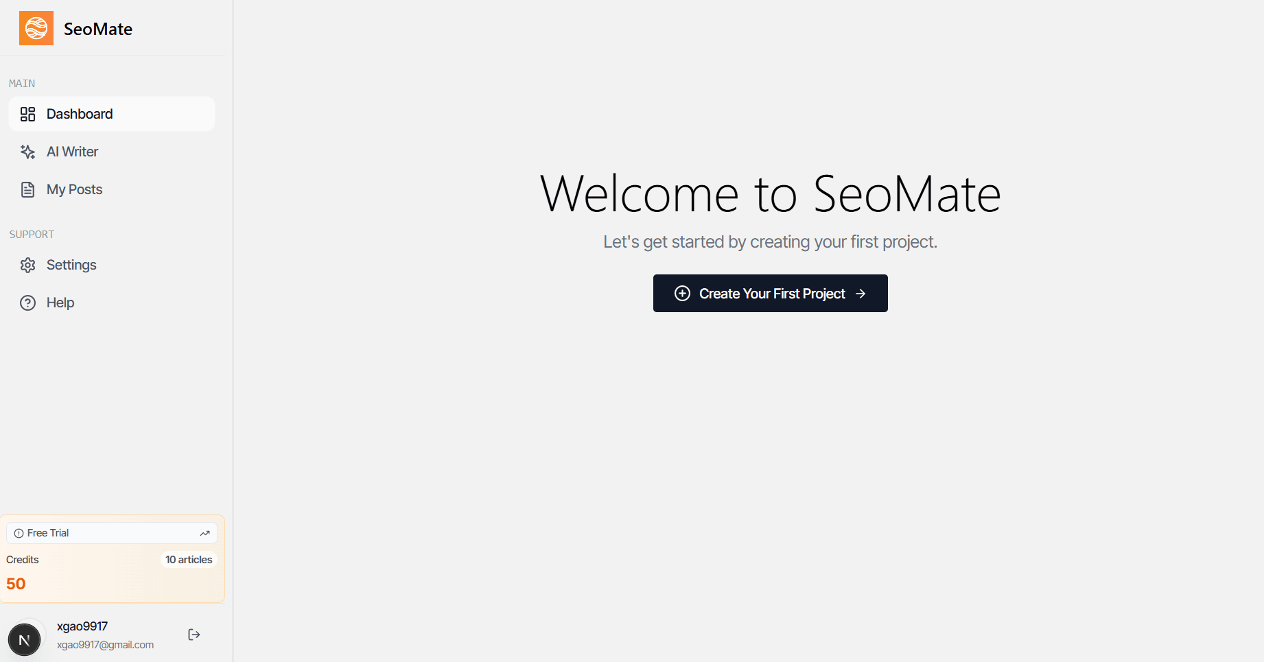 SEOMate dashboard overview interface