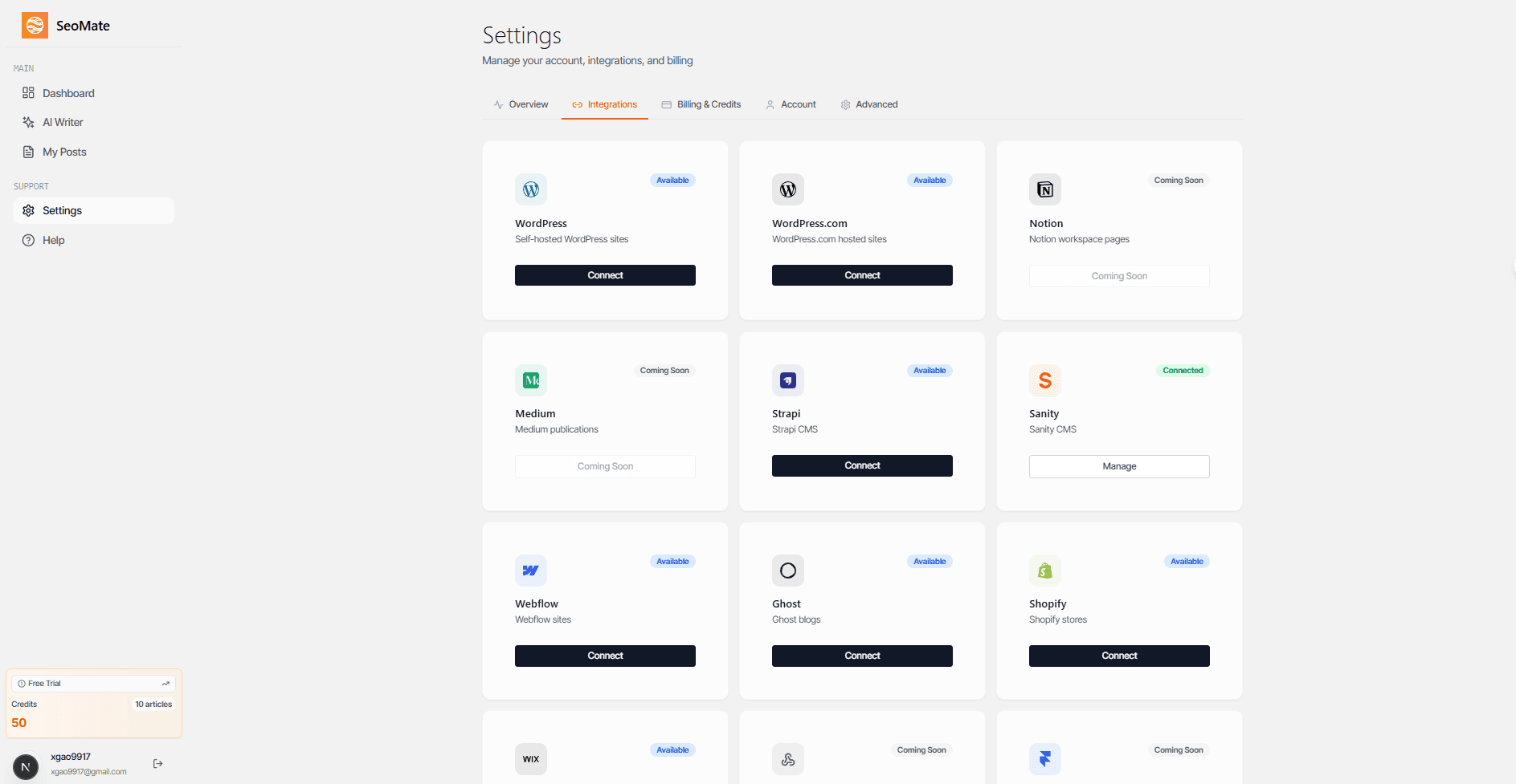 Settings integrations page showing available platform connections