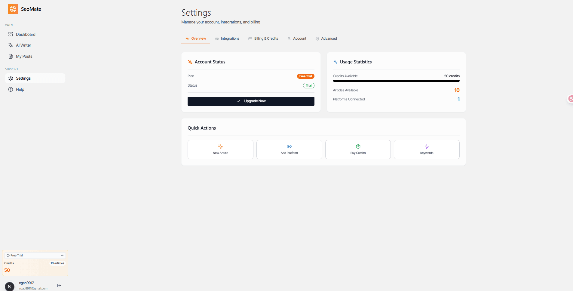 Settings overview page with account management options