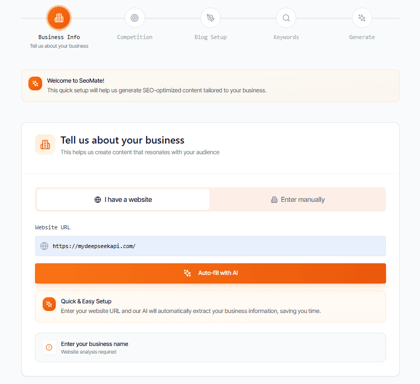 SEOMate signup and create content interface