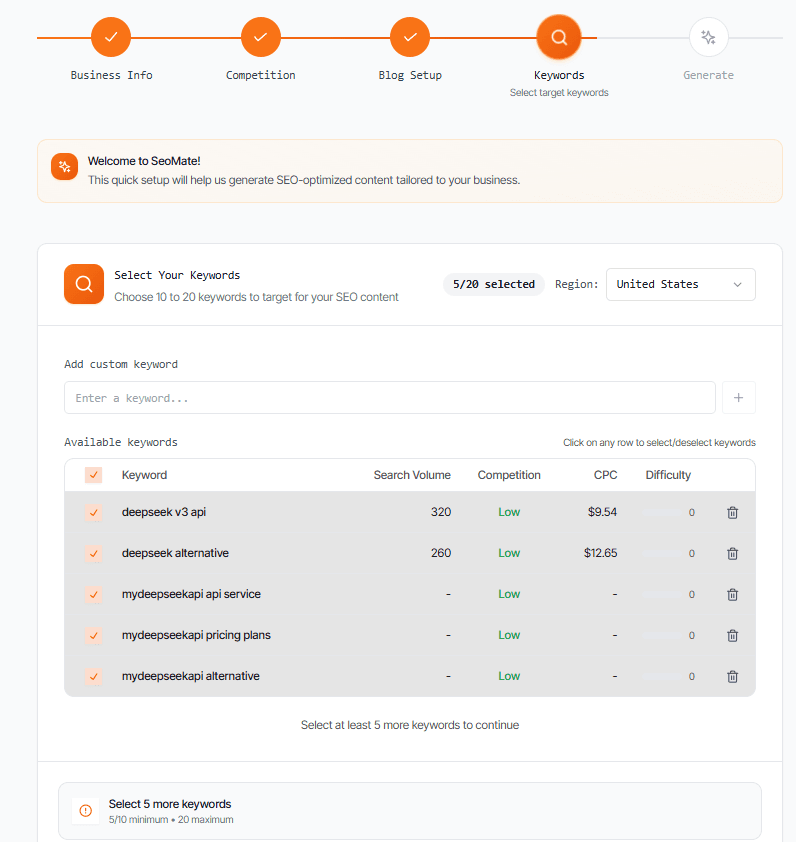 AI-generated keyword selection interface